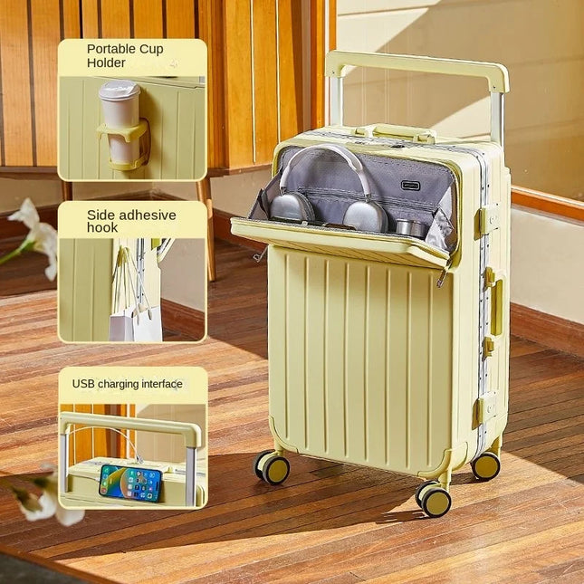 Front Opening Wide Handle Suitcase 20 inches Carry-on Cabin Suitcase Multifunctional Travel Luggage Zipper Aluminum Frame