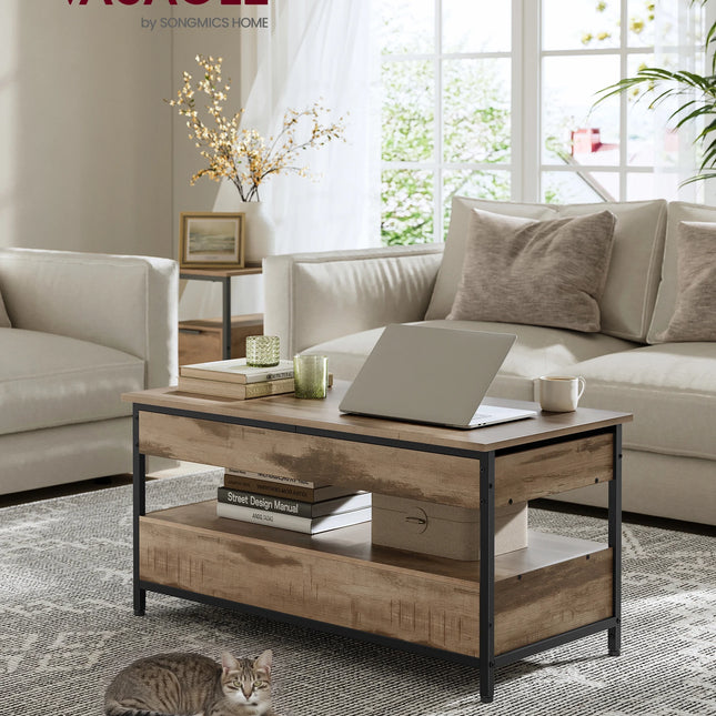 VASAGLE Lift Top Coffee Table, Living Room Table, with Storage Drawers, Hidden Compartments, and Open Shelf