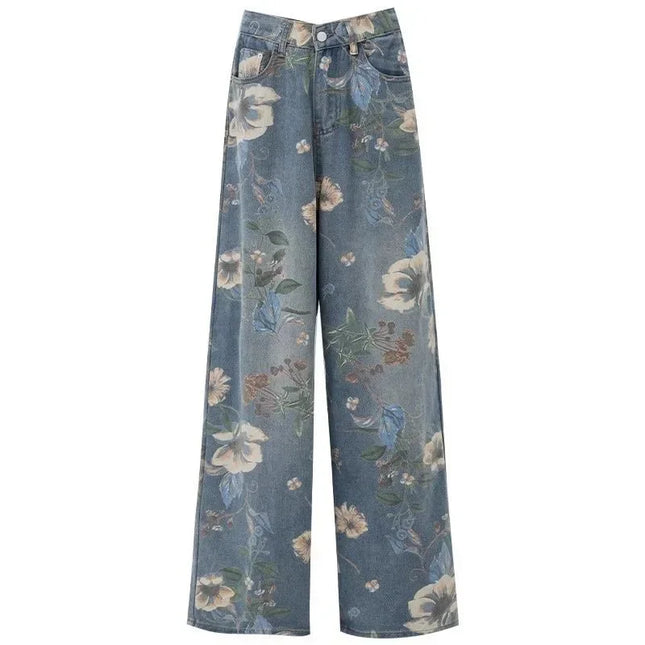 Vintage Printed Jeans Women Fashion New Floral Korean Hip Hop Denim Trousers Autumn Loose Casual Wide Leg Y2K high Street Pants