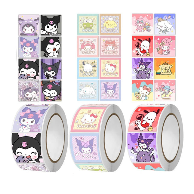 500Pcs/Roll Cute Sanrio Stickers Kawaii Kuromi Hello Kitty Cinnamoroll Cartoon Kids Reward Sticker Handbook Decoration Decal Toy