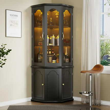 Corner Bar Cabinet w/LED Lights, Tall Modern Wine Cabinet with Tempered Glass Door & Adjustable Shelves