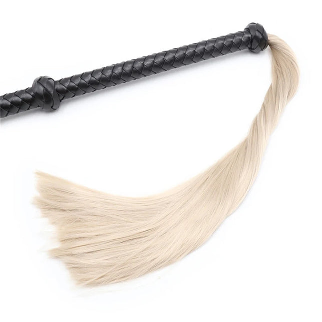 44.5cm Black Leather Woven Long Handle Silver Thread Tassels Horse Whip Riding Crop Flogger Paddle Slapper Horse Training