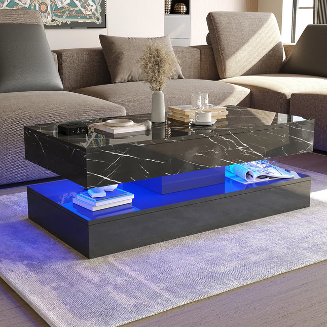 Modern Stylish Coffee Table with LED lights, Double-Layer Design for Living Room Coffee Table with 2 Storage Drawers