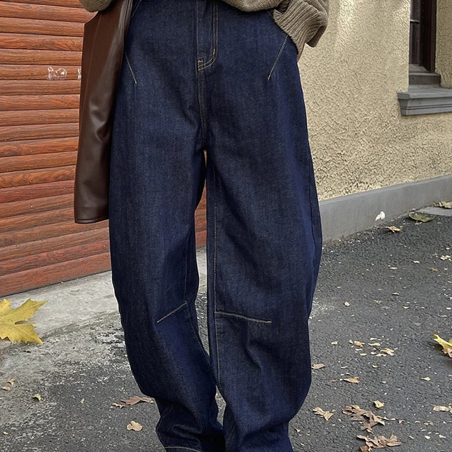 [EAM] High Waist Dark Blue Denim Long Casual Wide Leg Jeans New Loose Women Trousers Fashion Tide Spring Autumn 2025 1DH1472