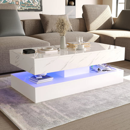 Modern Stylish Coffee Table with LED lights, Double-Layer Design for Living Room Coffee Table with 2 Storage Drawers
