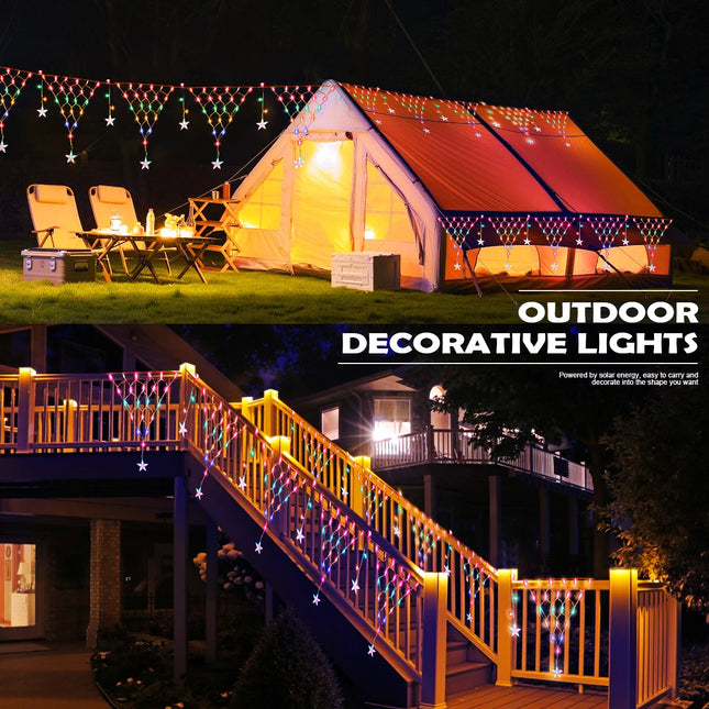 Solar Christmas Decorative String Light LED Pentagram Ice Strip Curtain lights 8 Modes Outdoor Waterproof Garden Eave Decorative