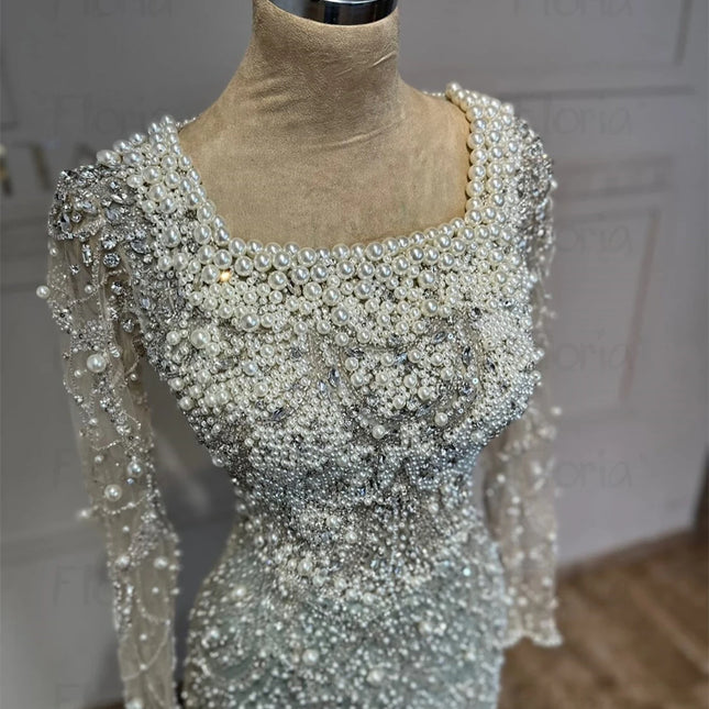 Fashion Contrast Color Long Evening Dress Vintage Square Neck With Full Ivory Pearls Elegant Party Gowns Women Dinner Prom Dress