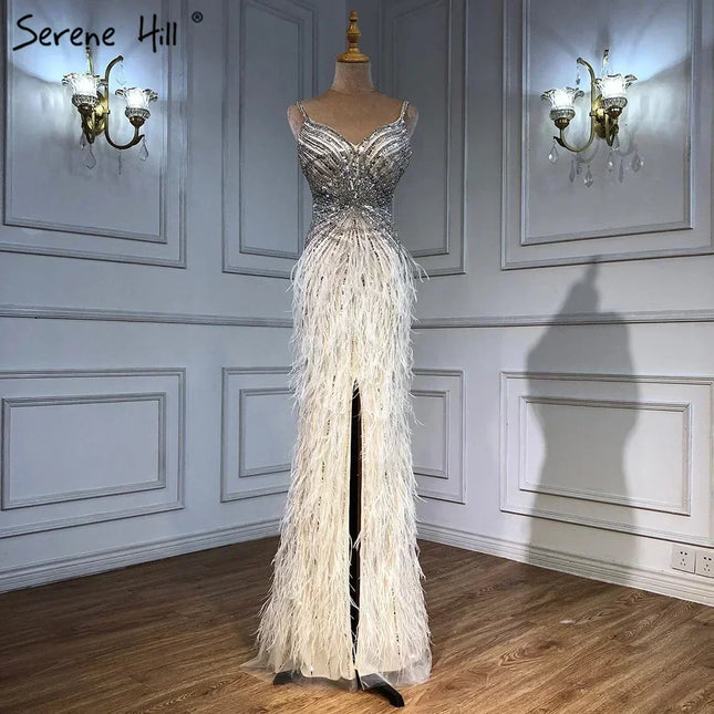 Serene Hill Beige Spaghetti Strap Split Feathers Beaded Formal  Mermaid Evening Dresses 2025 LA70623 Customized